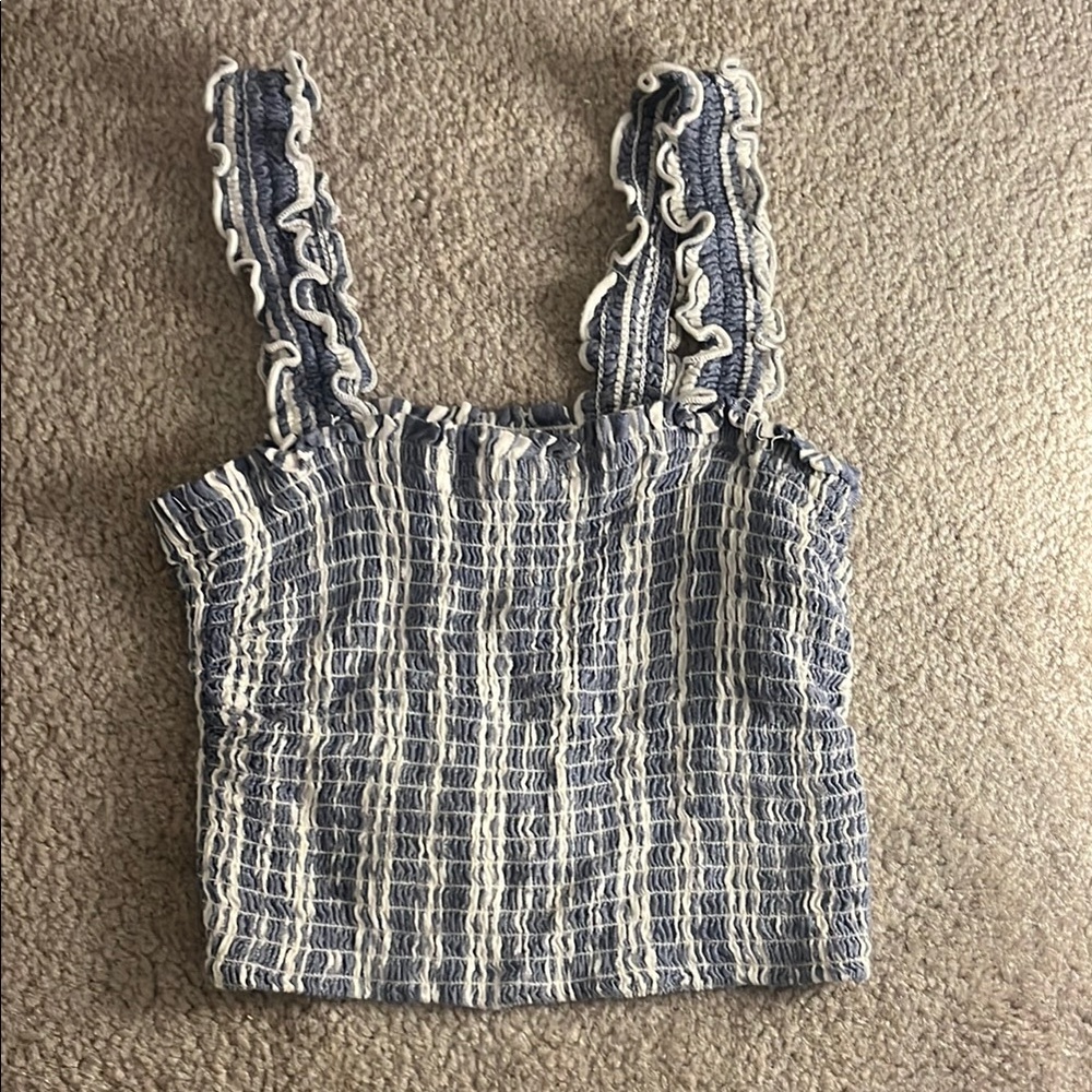 Blue and White Smocked Ruffled Crop Tank Top and Flow Pants Set